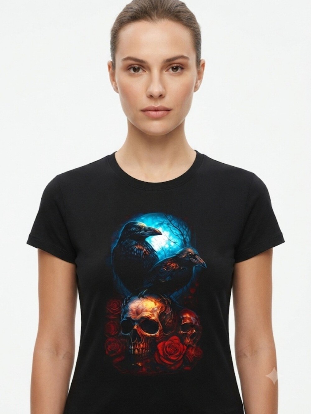 Upcycled Raven Skull Gothic T-Shirt M Black Halloween Fall Spooky Graphic DTF